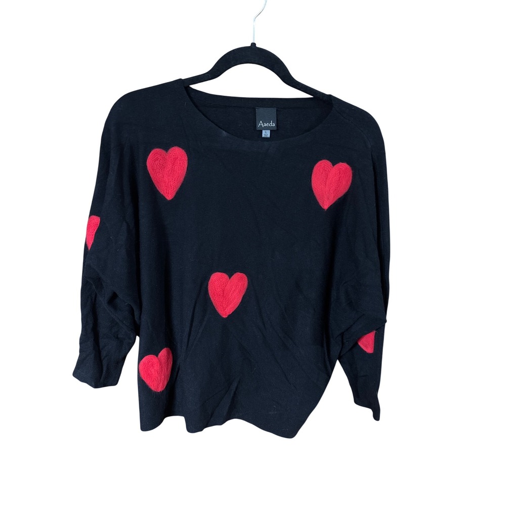 Aaeda Black Knit Heart Patch Sweater Boat Neck Dolman Sleeve Large